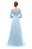 ColsBM Harper Ice Blue Bridesmaid Dresses Half Backless Elbow Length Sleeve Mature Sweep Train A-line V-neck