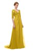 ColsBM Harper Lemon Curry Bridesmaid Dresses Half Backless Elbow Length Sleeve Mature Sweep Train A-line V-neck