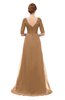 ColsBM Harper Light Brown Bridesmaid Dresses Half Backless Elbow Length Sleeve Mature Sweep Train A-line V-neck