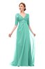 ColsBM Harper Mint Green Bridesmaid Dresses Half Backless Elbow Length Sleeve Mature Sweep Train A-line V-neck