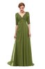 ColsBM Harper Olive Green Bridesmaid Dresses Half Backless Elbow Length Sleeve Mature Sweep Train A-line V-neck