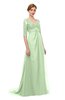 ColsBM Harper Pale Green Bridesmaid Dresses Half Backless Elbow Length Sleeve Mature Sweep Train A-line V-neck