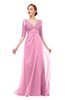 ColsBM Harper Pink Bridesmaid Dresses Half Backless Elbow Length Sleeve Mature Sweep Train A-line V-neck