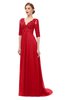 ColsBM Harper Red Bridesmaid Dresses Half Backless Elbow Length Sleeve Mature Sweep Train A-line V-neck