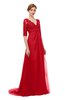 ColsBM Harper Red Bridesmaid Dresses Half Backless Elbow Length Sleeve Mature Sweep Train A-line V-neck