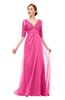 ColsBM Harper Rose Pink Bridesmaid Dresses Half Backless Elbow Length Sleeve Mature Sweep Train A-line V-neck