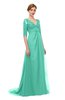 ColsBM Harper Seafoam Green Bridesmaid Dresses Half Backless Elbow Length Sleeve Mature Sweep Train A-line V-neck