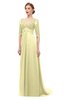 ColsBM Harper Soft Yellow Bridesmaid Dresses Half Backless Elbow Length Sleeve Mature Sweep Train A-line V-neck
