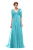 ColsBM Harper Turquoise Bridesmaid Dresses Half Backless Elbow Length Sleeve Mature Sweep Train A-line V-neck