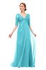 ColsBM Harper Turquoise Bridesmaid Dresses Half Backless Elbow Length Sleeve Mature Sweep Train A-line V-neck