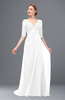 ColsBM Harper White Bridesmaid Dresses Half Backless Elbow Length Sleeve Mature Sweep Train A-line V-neck