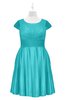 ColsBM Paislee Turquoise Plus Size Bridesmaid Dresses Elegant Tea Length Zip up Short Sleeve A-line Sash