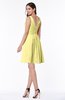 ColsBM Celia Pastel Yellow Plain Sleeveless Half Backless Chiffon Knee Length Ruching Plus Size Bridesmaid Dresses