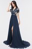 ColsBM Eliza Navy Blue Elegant A-line V-neck Short Sleeve Zip up Sweep Train Bridesmaid Dresses