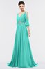 ColsBM Joyce Blue Turquoise Mature A-line V-neck Zip up Sweep Train Beaded Bridesmaid Dresses