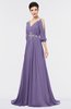 ColsBM Joyce Chalk Violet Mature A-line V-neck Zip up Sweep Train Beaded Bridesmaid Dresses