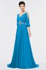 ColsBM Joyce Cornflower Blue Mature A-line V-neck Zip up Sweep Train Beaded Bridesmaid Dresses