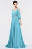 ColsBM Joyce Light Blue Mature A-line V-neck Zip up Sweep Train Beaded Bridesmaid Dresses