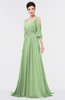 ColsBM Joyce Sage Green Mature A-line V-neck Zip up Sweep Train Beaded Bridesmaid Dresses