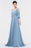 ColsBM Joyce Sky Blue Mature A-line V-neck Zip up Sweep Train Beaded Bridesmaid Dresses