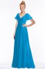 ColsBM Ellen Cornflower Blue Modern A-line V-neck Short Sleeve Zip up Floor Length Bridesmaid Dresses