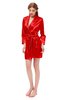 ColsBM D76615 Fiery Red V-neck Cute Long Sleeve Short Robe with White Trim