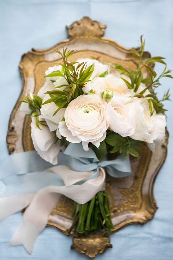 wedding bouquet with ice blue ribbon for fall ice blue wedding