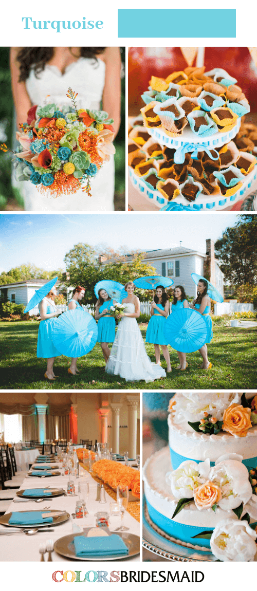 Blue Wedding - Turquoise Bridesmaid Dresses and Mango Flower Decorations