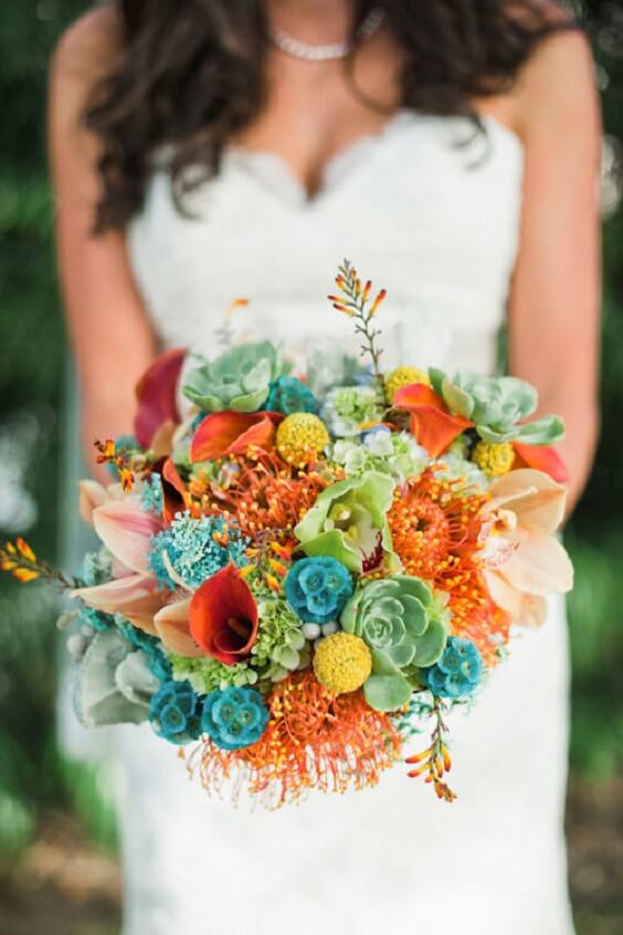 colorful bouquets for fall turquoise wedding