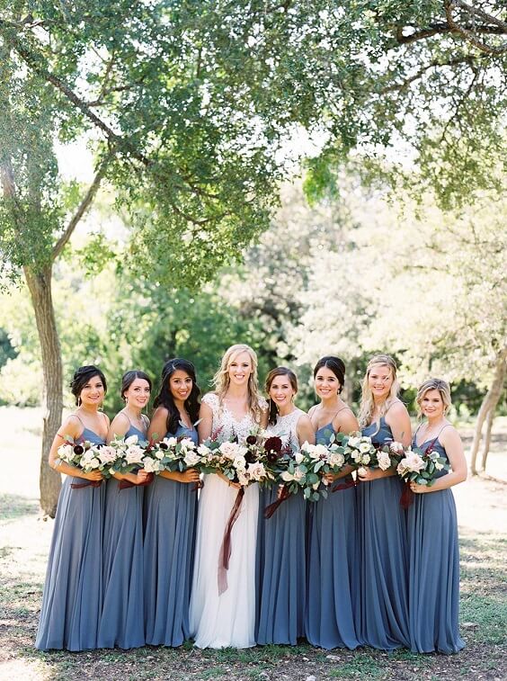 Blue Wedding - Dusty Blue Bridesmaid Dresses and Dark Red Decorations ...