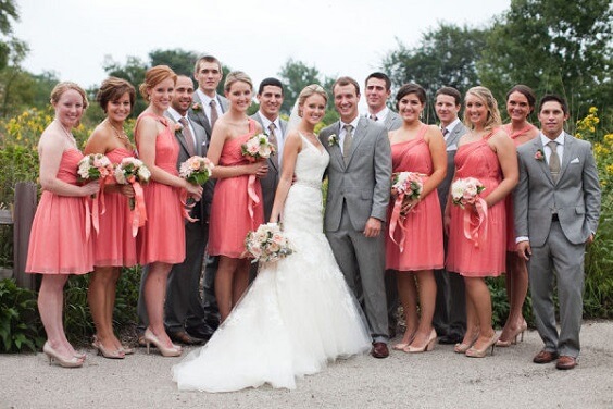 coral bridesmaids dresses and grey groomsmens suits for 2019 summer coral wedding