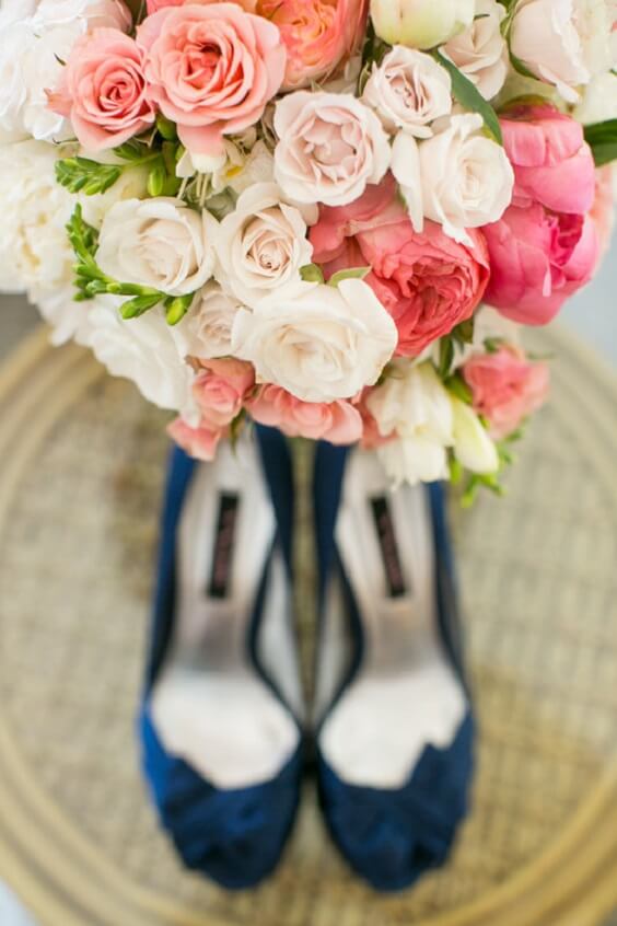 navy shoes and coral flowers for 2019 fall coral wedding