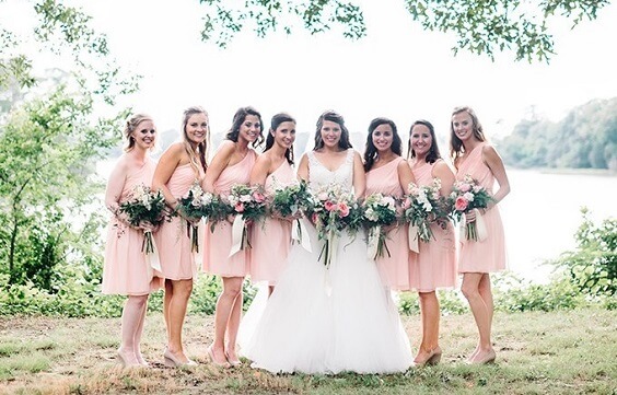 Peach bridesmaid dresses for Peach and Silver Grey May Wedding 2020