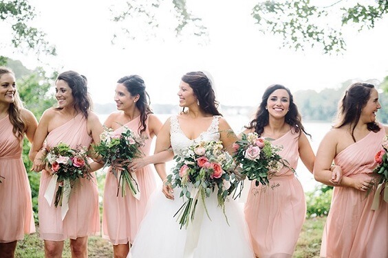 Peach bridesmaid dresses for Peach and Silver Grey May Wedding 2020