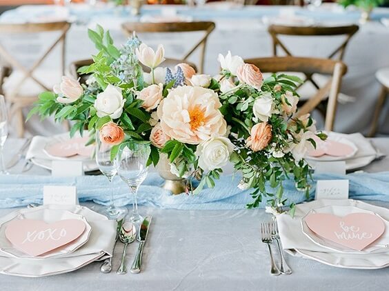 Wedding table decorations for Peach and Silver Grey May Wedding 2020