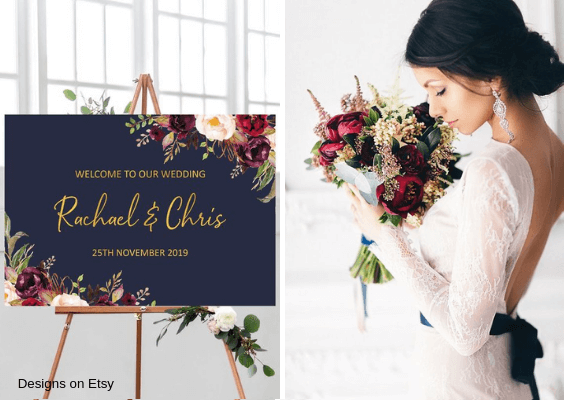 Wedding welcome board and wedding bouquets for navy, burgundy and gold wedding