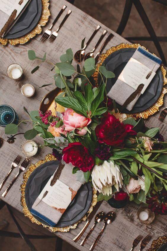 Wedding table decorations for Burgundy, Grey and Gold Winter Wedding