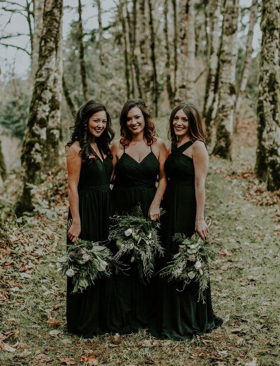Green bridesmaid dresses for green, black and gold wedding