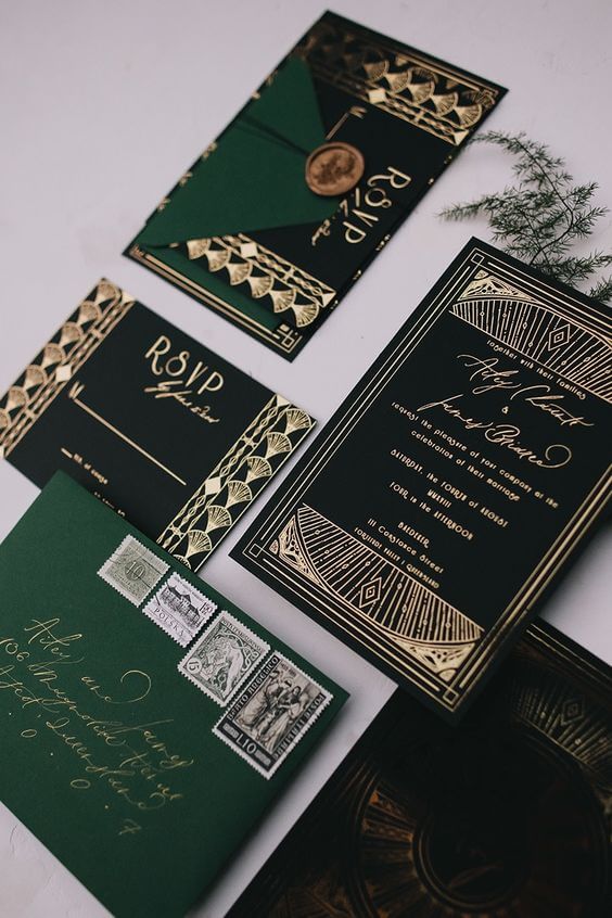 wedding invitations for green, black and gold wedding