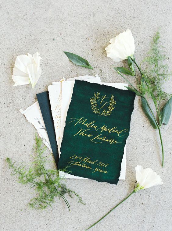 wedding invitations for Green, Ivory and Gold Winter Wedding