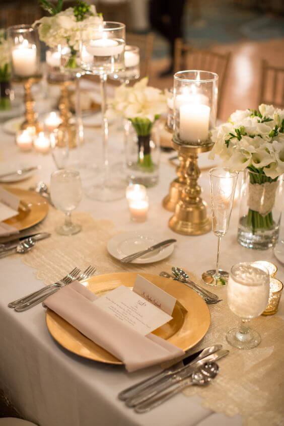 wedding table decorations for Green, Ivory and Gold Winter Wedding