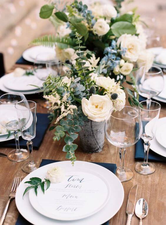 Wedding table decorations for Navy, Grey and White Winter Wedding