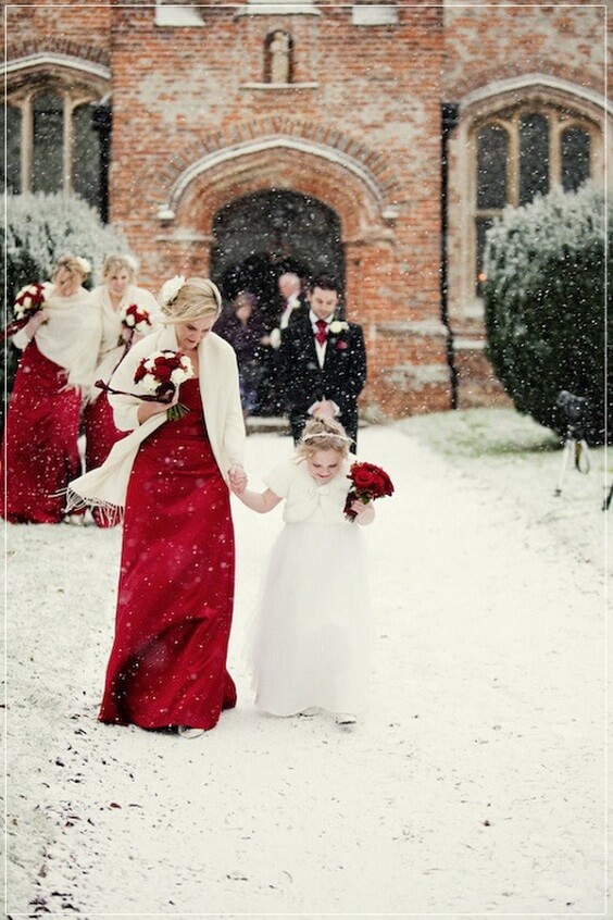 Red Bridesmaid dresses and white flower girl for Red, Black and White Winter Wedding