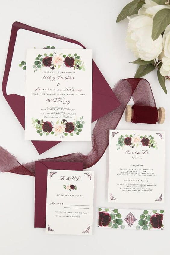 Burgundy wedding invitations for burgundy and blush wedding
