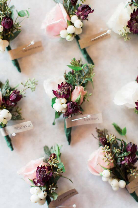 Wedding boutonniere for burgundy and blush wedding