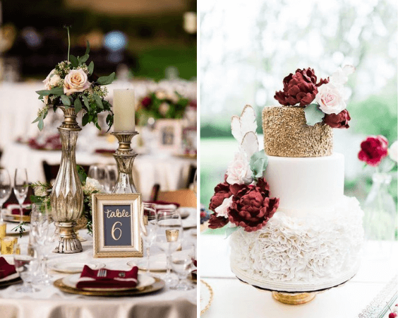 Wedding table decorations and cake for burgundy and blush wedding