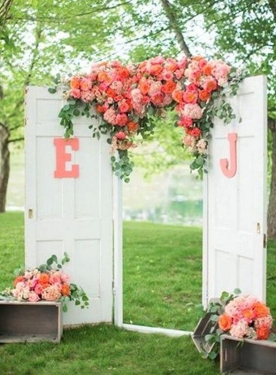 Wedding arch for Coral and Green wedding
