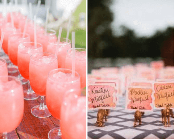 Wedding drinks and place cards for Coral and Green wedding