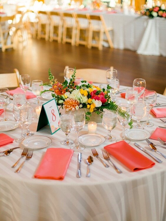 Wedding table decorations for Coral and Green wedding