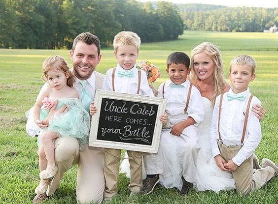 Wedding flower girls and ring bearer for Mint and peach wedding